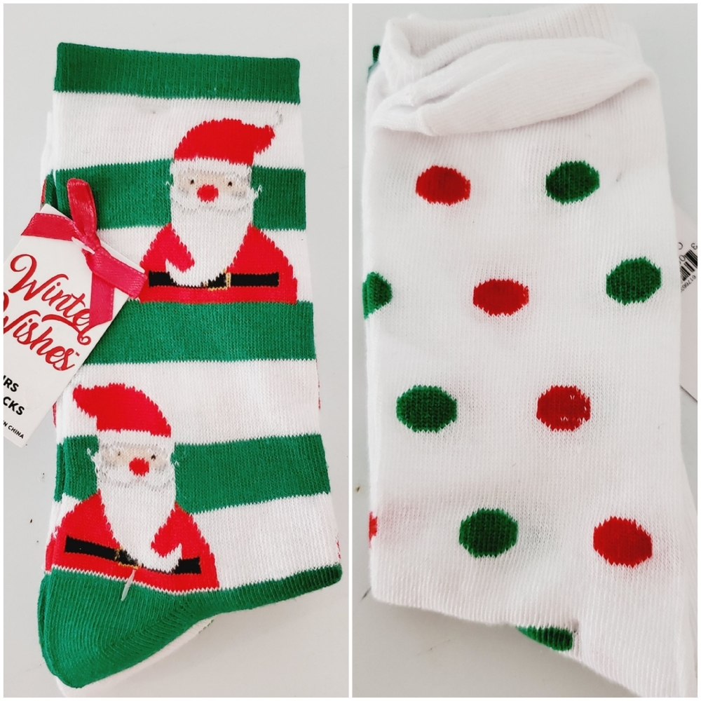 Winter Wishes 2 Pairs Crew Sock Green White Stripe